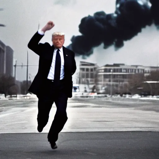 Prompt: helicopters and explosions in the background, cinematic shot of Donald Trump running from the police, 35mm film, dslr photograph