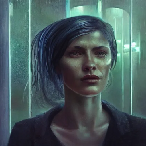 Prompt: detailed face of a woman, moment, cyberpunk cloisters, electronic billboards, tech noir, wet reflections, atmospheric, ambient, pj crook, livia prima, greg rutkowski, edward hopper