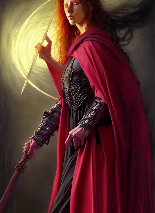 Image similar to female wizard, robes, full body, hyper realistic, extremely detailed, dnd character art portrait, dark fantasy art, intricate fantasy painting, dramatic lighting, vivid colors, deviantart, artstation, by edgar maxence and caravaggio and michael whelan and delacroix.