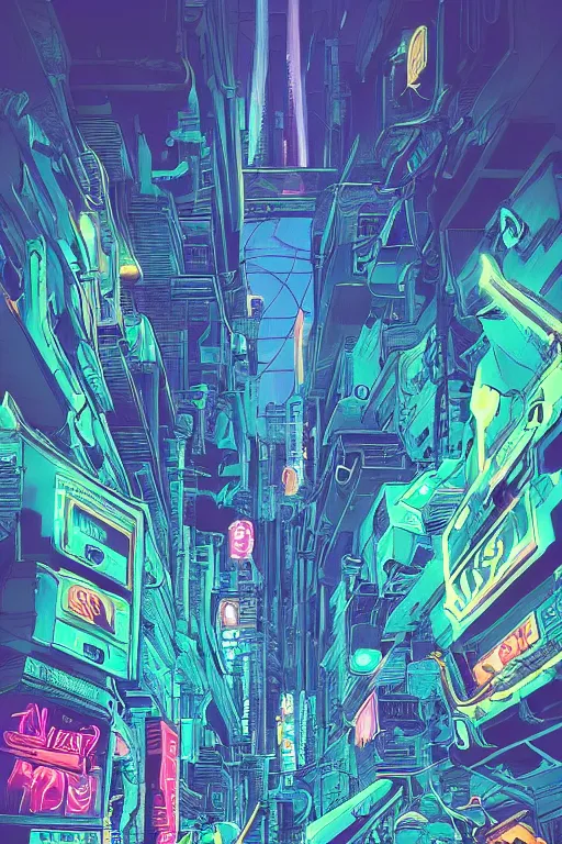 Prompt: astronaut cyberpunk surreal upside down city, neon lights, cell shaded by moebius, Jean Giraud, trending on artstation