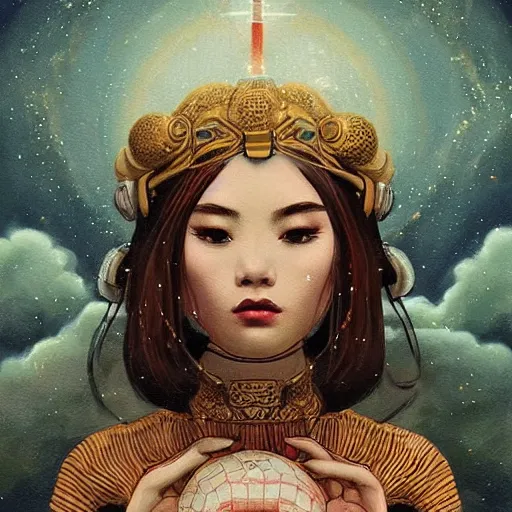 Image similar to intricate, amazing, retro vintage and romanticism, painting by natelle quek, soft color palette, cinematic, highly detailed, godess from space sci - fi of ancient religion