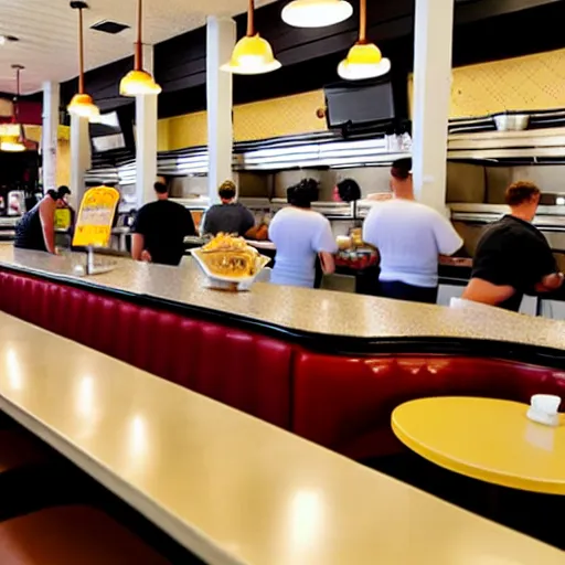 Image similar to busy wafflehouse interior with customers eating breakfast and wafflehouse employees serving food and cooking behind countertop bar
