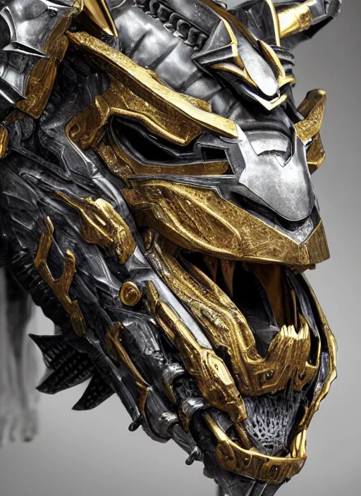 Prompt: hyper realistic glorious ancient wargreymon in a obsidian metal armor, futuristic design, designed by makoto kobayashi and luca zampriolo, portrait, cyberpunk style, wood and gold details, intricate, extremely detailed, ornate, deep of field, hard surface, exoskeleton, substance designer metal unreal engine, very detailed.