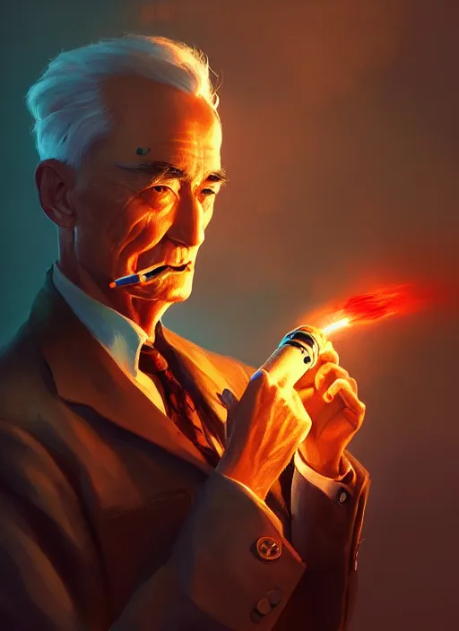 Image similar to a highly detailed illustration of j. r oppenheimer smoking a glowing nuclear cigarette, dramatic pose, intricate, elegant, highly detailed, centered, digital painting, artstation, concept art, smooth, sharp focus, league of legends concept art, wlop.