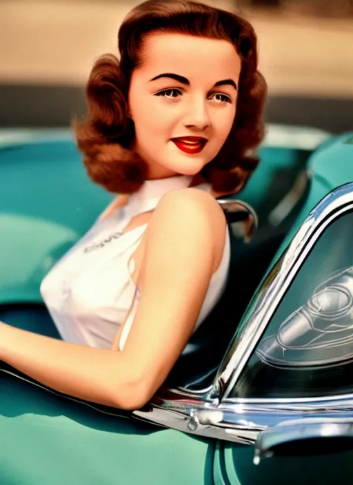 Prompt: Young woman sitting on a sports car, 1950s award winning photo highly detailed, highly in focus, highly life-like, facial closeup taken on Arriflex 35 II, by stanley kubrick