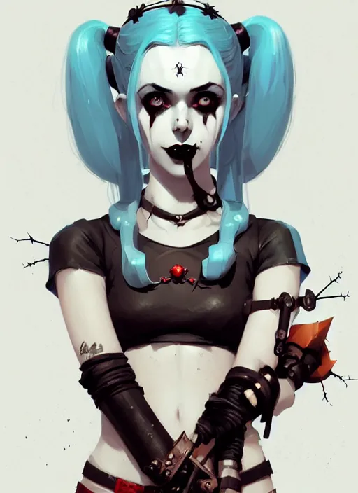 Image similar to portrait of cute goth harley quinn girl with crown of thorns, warhammer, cyberpunk, by atey ghailan, by greg rutkowski, by greg tocchini, by james gilleard, by joe fenton, by kaethe butcher, dynamic lighting, gradient light blue, brown, blonde cream and white color in scheme, grunge aesthetic