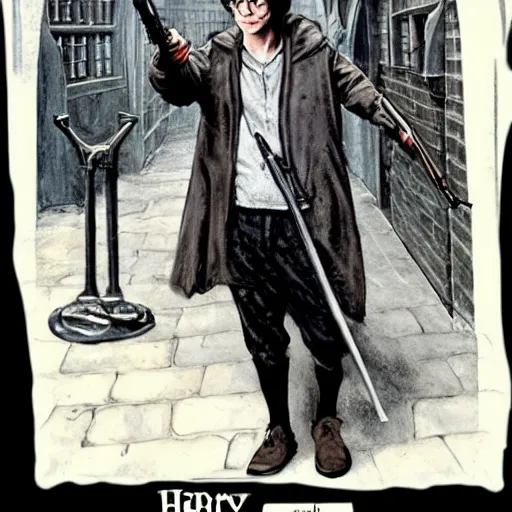 Image similar to harry potter robbing a bank, holding rifle in style of gra v