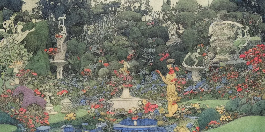 Prompt: a beatiful garden with fountain and sculptures, extremely detailed, sharp focus, wide view, smooth, digital illustration, colorfull by edmund dulac