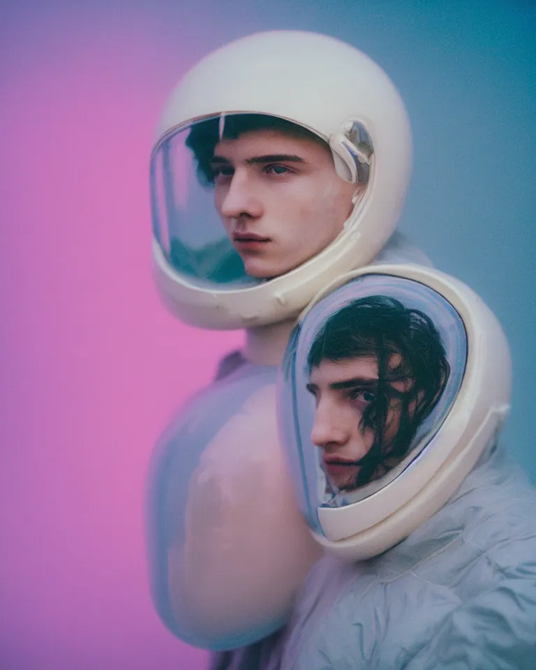 Image similar to high quality pastel coloured film portrait photograph of a beautiful young 2 0 year old male, soft facial features, short hair, wearing perspex space helmet and oversized inflated clothing!! icelandic black rock pool environment. atmospheric three point light. photographic. art directed. ( pastel colours ). volumetric. clearcoat. waves. 8 k. filmic.