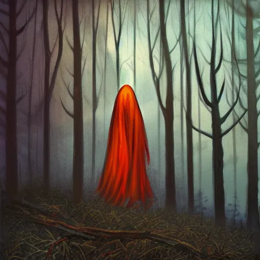 Image similar to ominous bedsheet ghost standing in a burning forest, oil painting, brush strokes, gloomy foggy atmosphere, symmetrical, full body image, highly ornate intricate details,