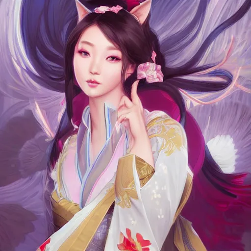 Image similar to ahri wearing a hanbok!!!, attractive, modern, victoria's secret, highly detailed, digital painting, artstation, concept art, smooth, sharp focus, illustration, art by artgerm, greg rutkowski and alphonse mucha