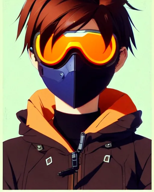 Prompt: Anime as Tracer Overwatch wearing brown leather coat; in orange-tinted snowboard mask || cute-fine-face, pretty face, realistic shaded Perfect face, fine details. Anime. realistic shaded lighting poster by Ilya Kuvshinov katsuhiro otomo ghost-in-the-shell, magali villeneuve, artgerm, Jeremy Lipkin and Michael Garmash and Rob Rey as Overwatch Tracer cute smile