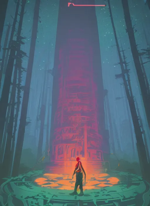 Image similar to an indie game poster of a translucent cyberpunk explorer meditating on an ancient platform in the middle of a dense forest, midnight, risograph by ghostshrimp, kawase hasui, josan gonzalez, jean giraud, moebius, colourful flat surreal design, in the style of oxenfree, super detailed, a lot of tiny details