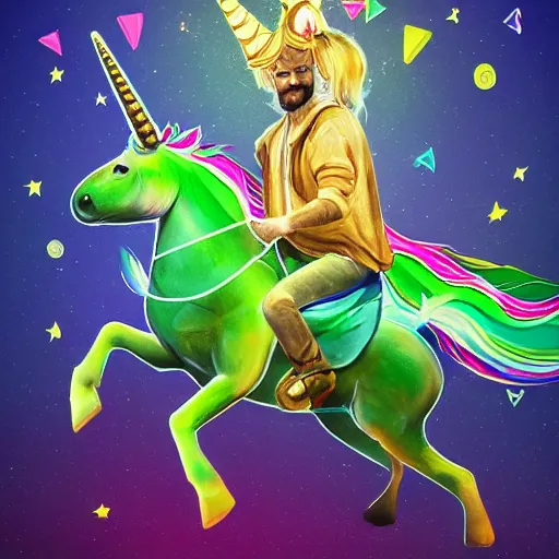 Prompt: pewdiepie riding a unicorn, pointing in the right direction, wearing a crown, green paradise landscape, vivid colors, pastelle, digital art, trending on artstation