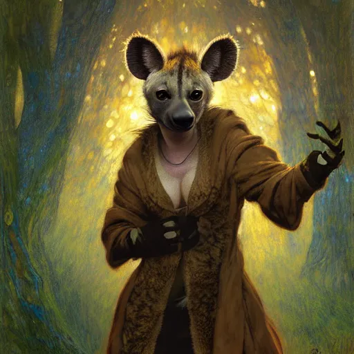 Image similar to a female hyena hyenawoman canine in magic robes at night in a dark forest. zootopia fursona furaffinity furry art detailed face painting by gaston bussiere craig mullins jc leyendecker gustav klimt artgerm greg rutkowski furry