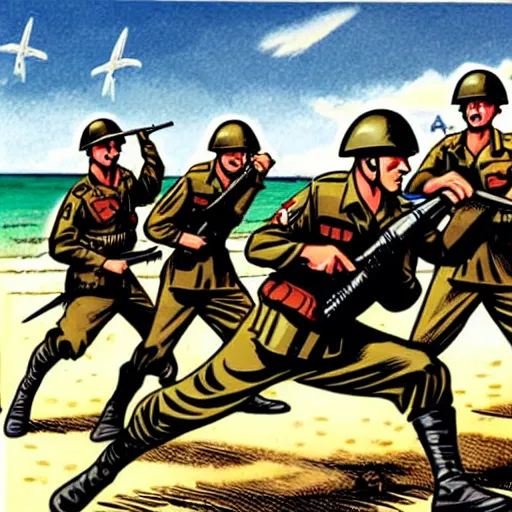 Image similar to a comic book art rendition of world war ii soldiers fighting on a beach