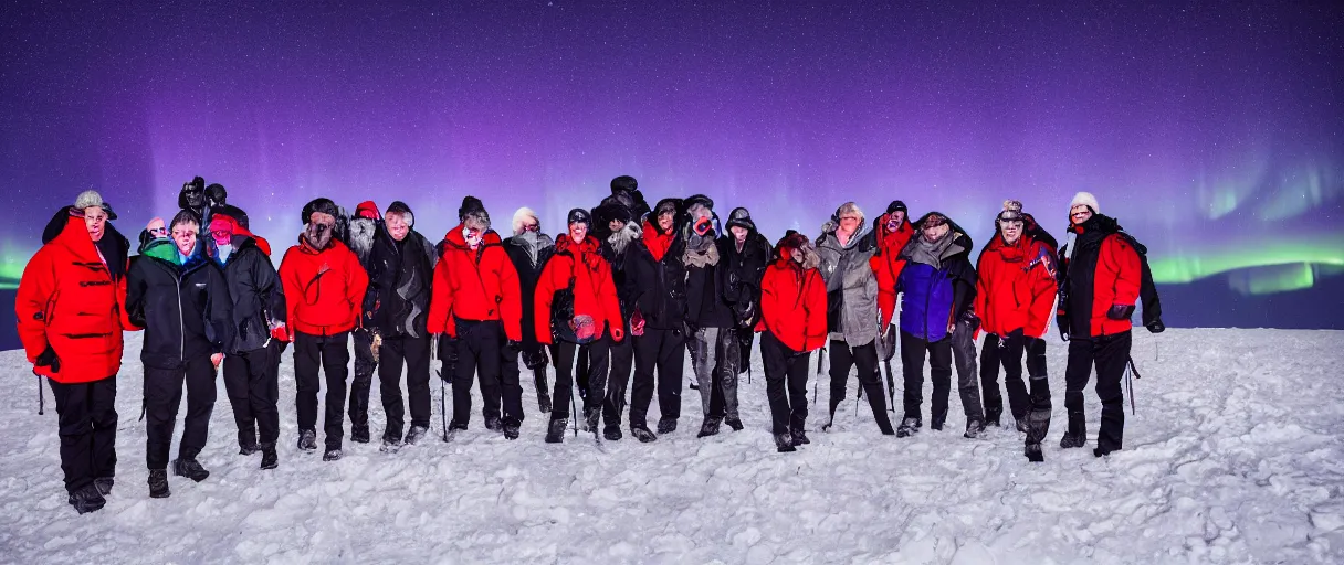 Prompt: a creepy backlit hyper detailed photo realistic vivid close up photograph of a group of six complete people in the snow at night aurora borealis in antarctica running through mcmurdo station base screaming oh my god