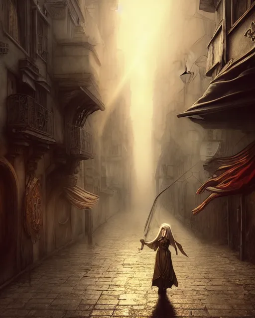 Prompt: mage, woman, portrait, dirty alley, a beautiful fantasy city, made from white stone and bright gold, built on the side of a volcano, gondor, misty, red sky, medieval city, metropolis, gorgeous clouds, god rays, fantasy art, octane render, ureal engine, high detail, alphonse mucha, greg rutkowski, james gurney, johannes voss