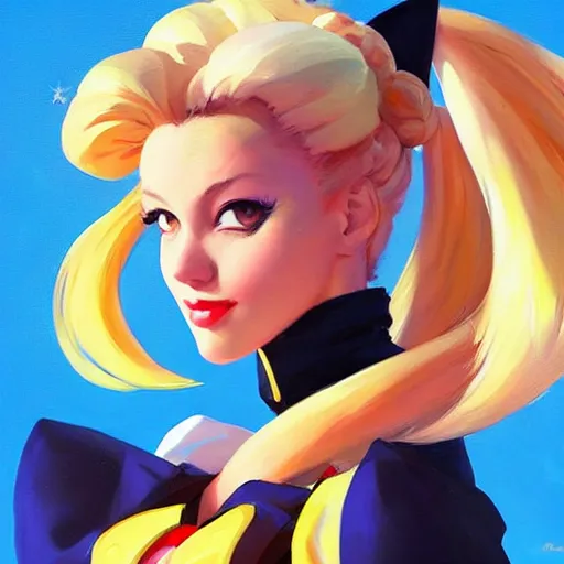Prompt: greg manchess portrait painting of usagi sailor moon as overwatch character, medium shot, asymmetrical, profile picture, organic painting, sunny day, matte painting, bold shapes, hard edges, street art, trending on artstation, by huang guangjian and gil elvgren and sachin teng