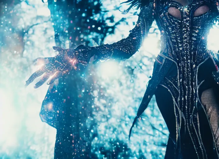 Image similar to closeup of a very good looking fantasy sorceress wearing amazing detailed clothes, shooting magical glowing flowing energy from her hands!!!! in the moonlit mountains, dramatic lighting, lens flare, 3 5 mm f 1. 2, professional photography, kodak ektar