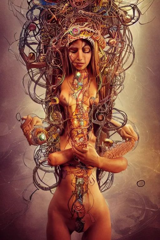 Image similar to an immaculate render of a dancing mystical tribal goddess adorned with robotic scrap and cables and synthesizer parts is surrounded by wild tentacles made from mandalas and incense smoke, full body, perfect face, powerful, cinematic, beautifully lit, by artgerm, by karol bak, 3 d, trending on artstation, octane render, 8 k