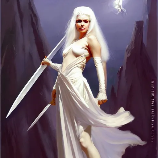 Image similar to greg manchess painting of queen of zokra, silver white hair, long gown, sorceress sword, soft lighting, trending on artstation, by huang guangjian and gil elvgren and sachin teng