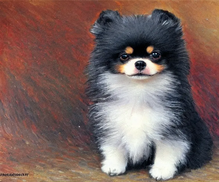 Image similar to black and brown pomeranian, cute, monet, oil painting