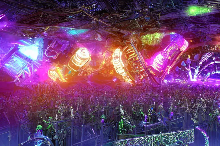 Prompt: an outdoor festival stage with audience, on stage is a rockband with 3 steampunk robots with guitars and drums, center of the stage is a big futuristic steampunk generator with gears and belts and tubes, laser show, 8 k, fluorescent colors, halluzinogenic, multicolored, exaggerated detailed, unreal engine