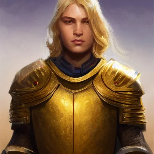 Image similar to Portrait of a young knight with medium-length blond hair wearing a golden armor with a sun symbol, fantasy, highly detailed, digital painting, artstation, concept art, illustration, art by Bayard Wu and Marc Simonetti