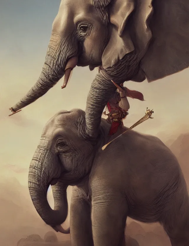 Image similar to painting of humanoid elephant wearing medieval bard clothes and holding a harp, epic, trending on artstation, masterpiece, cinematic lighting, by ross tran and by greg rutkowski