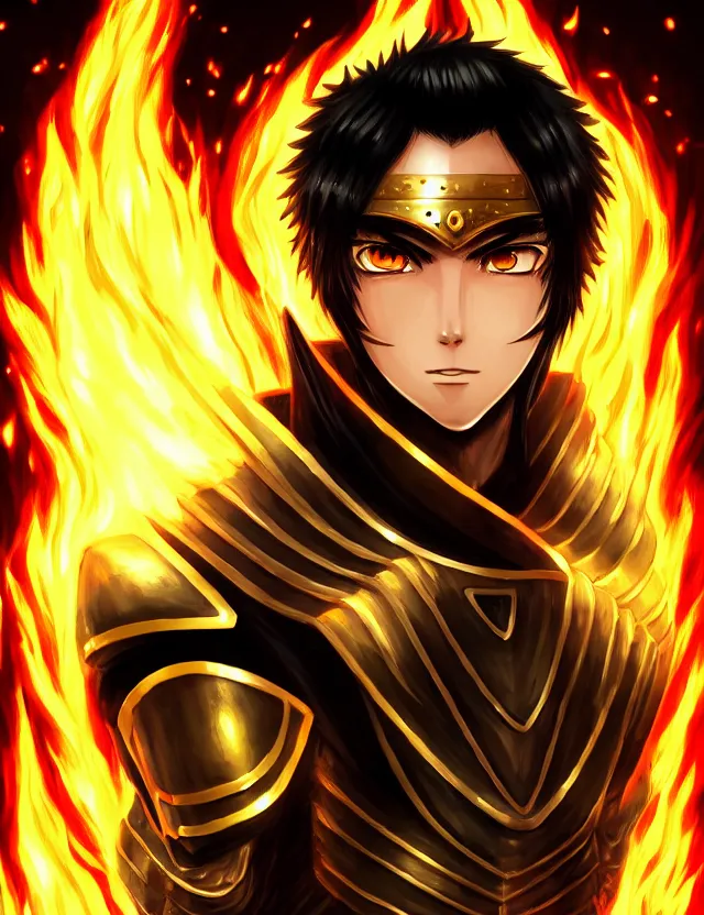 Image similar to a detailed manga portrait of a black haired man with hazel eyes in gleaming golden armour that burns with golden fire, trending on artstation, digital art, 4 k resolution, detailed, high quality, sharp focus, hq artwork, coherent, insane detail, character portrait