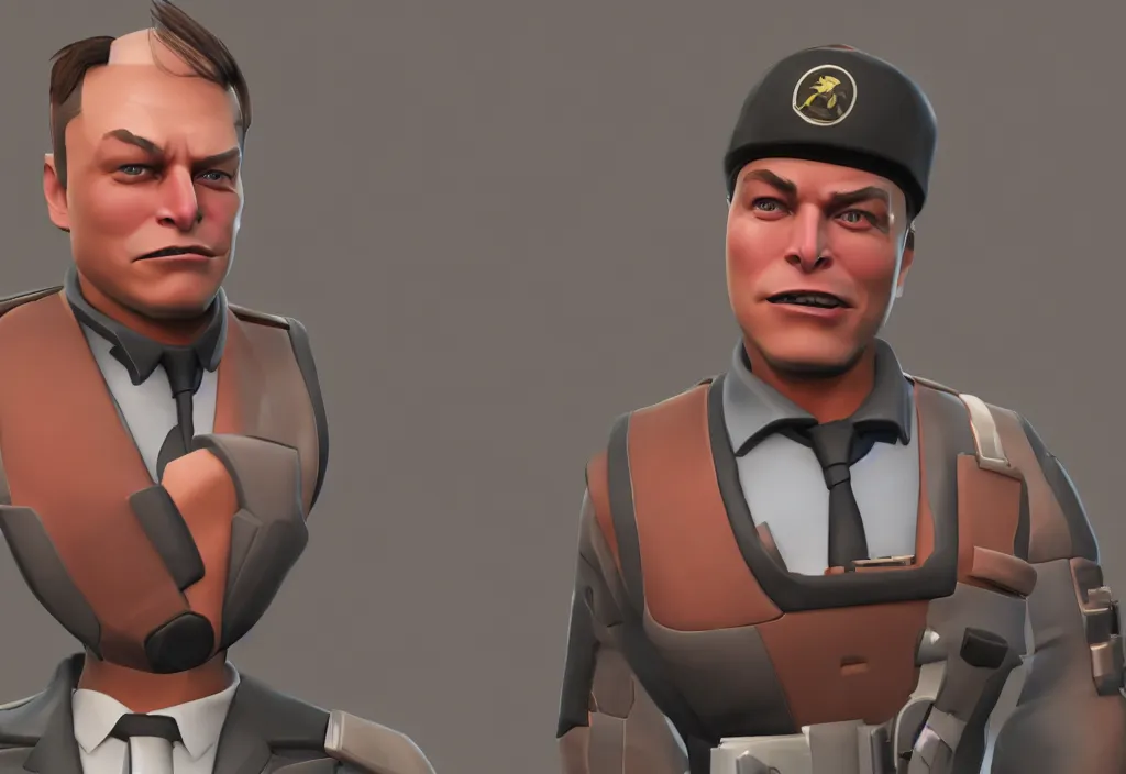 Image similar to elon musk in team fortress 2, elon musk in the video game team fortress, gameplay screenshot, close up, 3 d rendering. unreal engine. amazing likeness. very detailed.