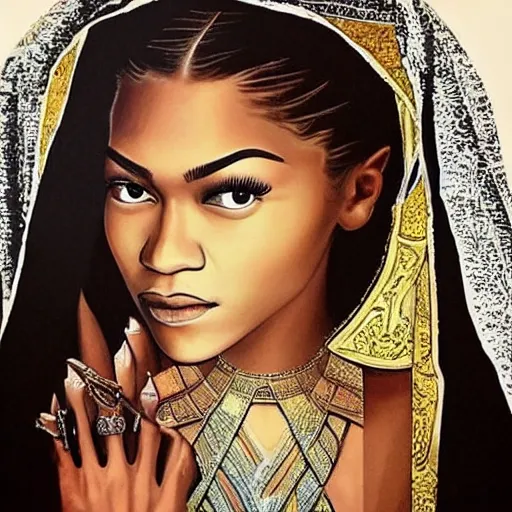 Image similar to “Zendaya, beautiful, Beyonce in the form of the Virgin Mary, highly detailed, photorealistic”