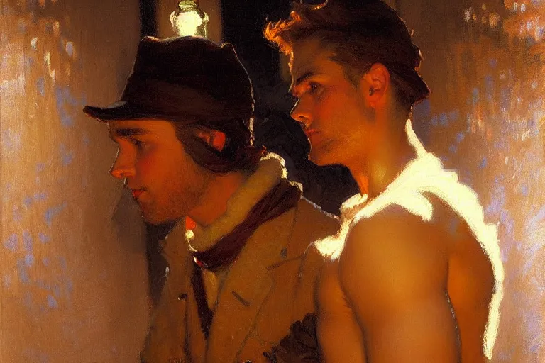 Image similar to winter, attractive male, neon light, painting by gaston bussiere, craig mullins, j. c. leyendecker