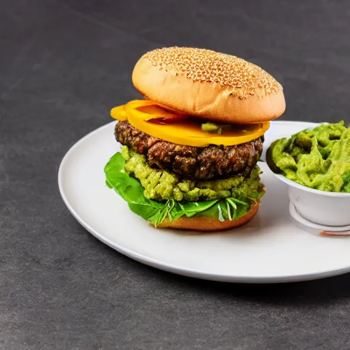 Image similar to vegan hamburger with guacamole and crispy fried onion and fried egg toppings, crispy buns, 8 k resolution, studio lighting, sharp focus, hyper - detailed