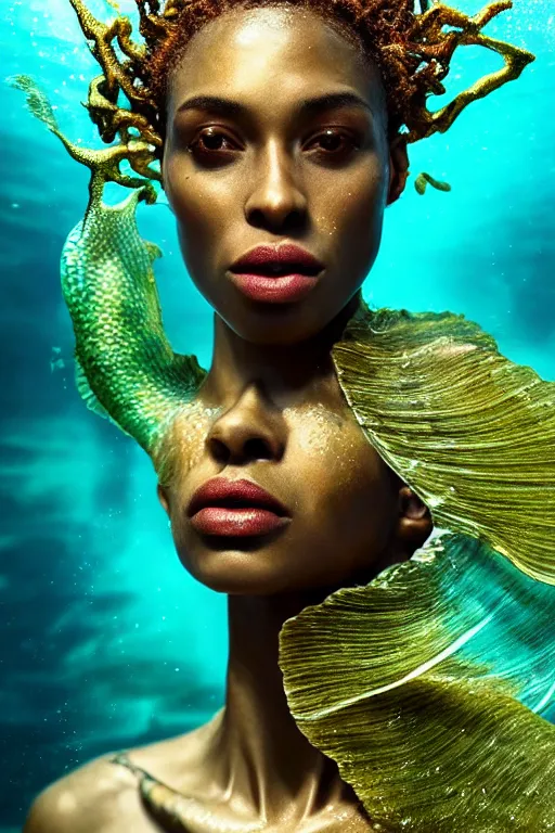 Image similar to hyperrealistic cinematic half underwater scene with fish and algae, very expressive! translucent elegant african goddess getting out of water, gold jewerly, highly detailed face, digital art masterpiece, aykut aydogdu zener, dramatic volumetric light, long shot, low angle uhd 8 k, sharp focus