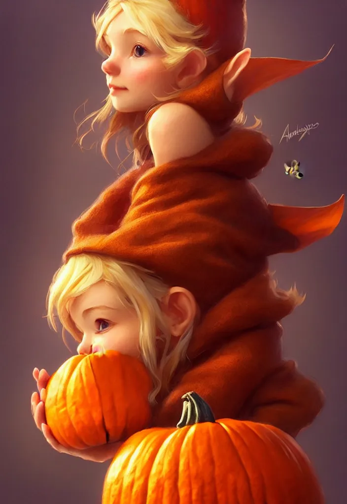 Image similar to hand drawn cute one gnomes face in autumn disguise holding pumpkin, detailed closeup face, concept art, low angle, high detail, warm lighting, volumetric, godrays, vivid, beautiful, trending on artstation, art by artgerm and greg rutkowski and alphonse mucha