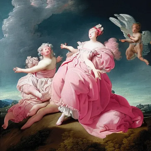 Image similar to heaven on pink clouds adopts the language of Rococo, reimagining the dynamism of works by eighteenth-century artists such as Giovanni Battista Tiepolo, François Boucher, Nicolas Lancret and Jean-Antoine Watteau through a filter of contemporary cultural references including film, food and consumerism