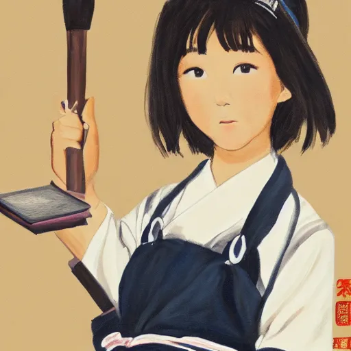 Prompt: a painting of Japanese schoolgirl, clothed, cinematic