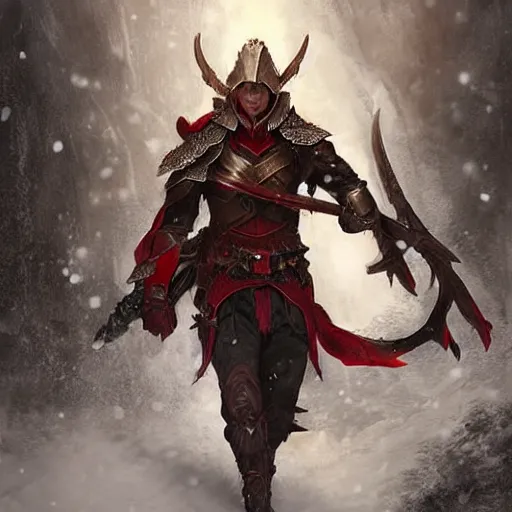 Image similar to A full body shot of an elven ranger with a bow and quiver wearing leather armor to block the snow, he wears a red demon mask of terror with fire in the eye sockets, fantasy, digital art by Ruan Jia