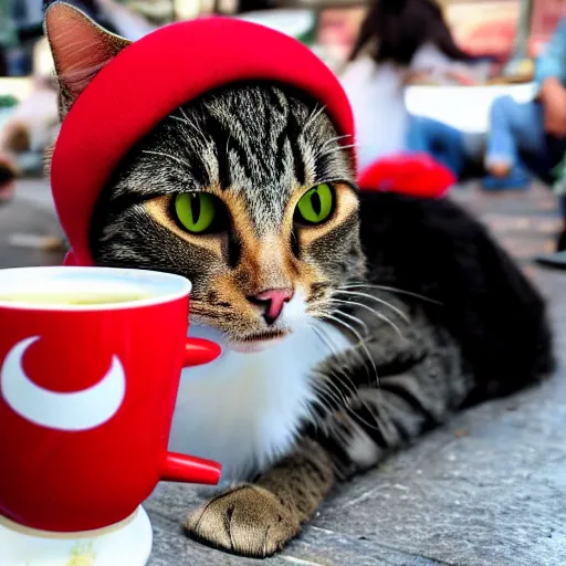 Prompt: cat wearing fez and drinking turkish tea in taksim square, photorealistic