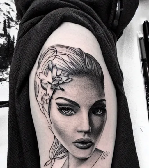 Prompt: a beautiful woman face in front of a background of beautiful mountains, tattoo design sketch, amazing blend effect, hyper - realistic, in the style of matteo pasqualin, amazing detail, black and white