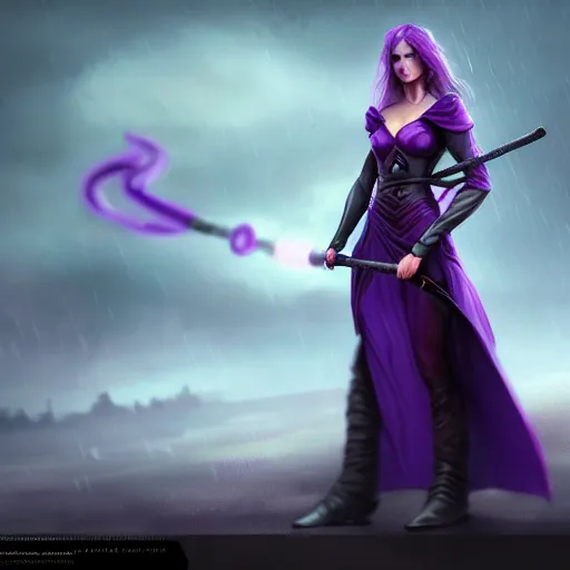 Prompt: a woman in a purple dress holding a staff and dark magic, storm and rain behind her, action scene, magical concept art, artstation contest winner, fantasy art, dark and mysterious, artstation hd, detailed, 8 k, digital art