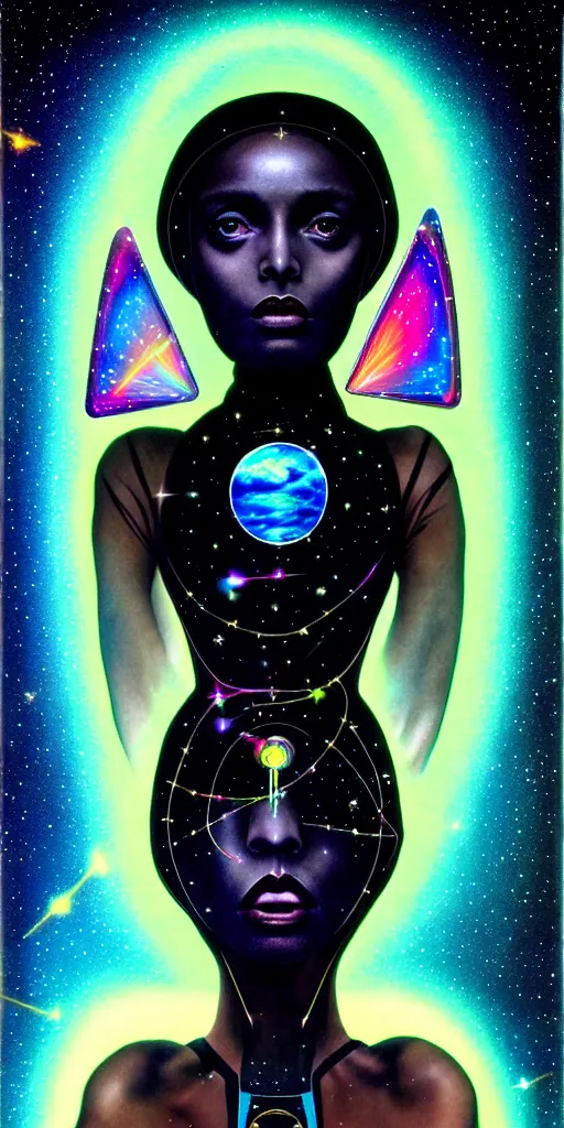 Prompt: patron saint of 🛸🌈👩🏾, futuristic gothic clothing, warped space, gravity, nebula, black hole, aries constellation, multiverse, neon god of city character portrait, in the style of margaret keane, moebius, tom bagshaw, and waterhouse, cinematic lighting, beautiful, elegant, oil painting,