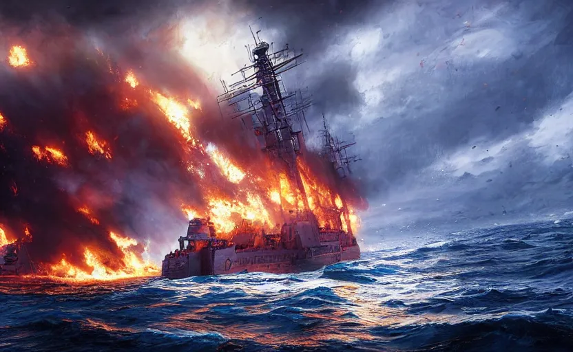 Image similar to distant cinematic shot of a burning Russian warship sinking in the middle of the ocean, concept art, сinematic lighting, insanely detailed, smooth, sharp focus, Artstation, 8k, unreal engine, hyper realistic, steampunk style, bright background, moonlight, volumetric lighting, wallpaper, digital illustration by Ruan Jia and Mandy Jurgens and Artgerm and Wayne Barlowe and Greg Rutkowski and Zdislav Beksinski