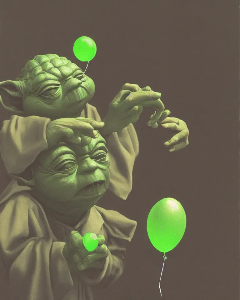 Image similar to yoda holding a green balloon in the tokyo suburbs by edward hopper and james gilleard, zdzislaw beksinski, highly detailed, trending on artstation, sigma 5 0, hyper realistic