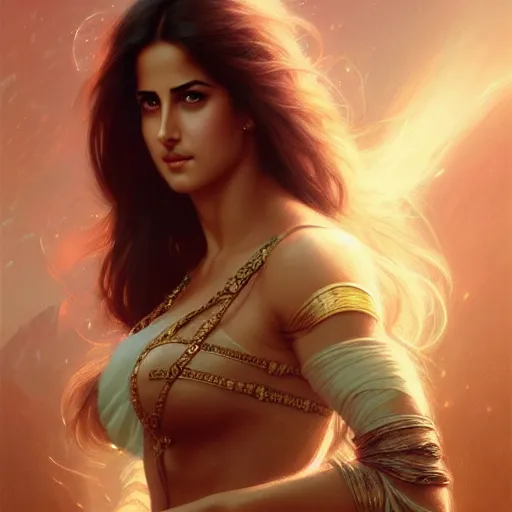 Image similar to beautiful young katrina kaif, closeup, d & d, fantasy, intricate, elegant, highly detailed, digital painting, artstation, concept art, matte, sharp focus, illustration, art by artgerm and greg rutkowski and alphonse mucha