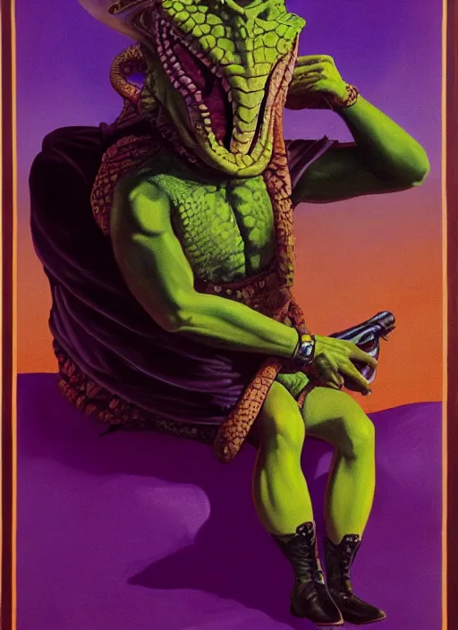 Image similar to oil painting portrait of a cowboy lizard person, a gorn from star trek, a snake oil salesman wearing a blonde wig in a movie poster for a movie called gorn on the bull horn girl, purple green color scheme