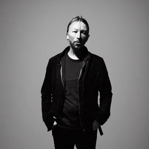 Image similar to Thom Yorke, a man with a beard and a black jacket, a portrait by John E. Berninger, dribble, neo-expressionism, uhd image, studio portrait, 1990s