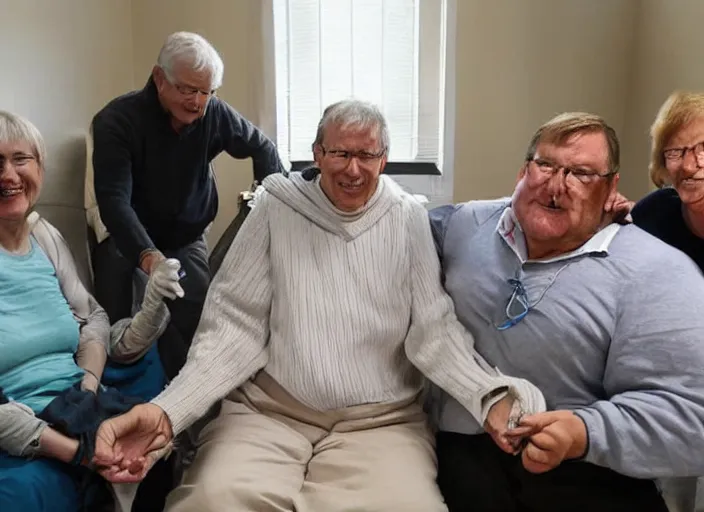 Image similar to people connected to a large single person via catheters,